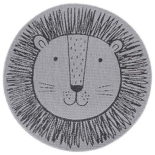 Hanse Home Flat Weave Children's Rug Lion Round, Colour: Light Grey/Dark Grey, Size: 120 cm, Round