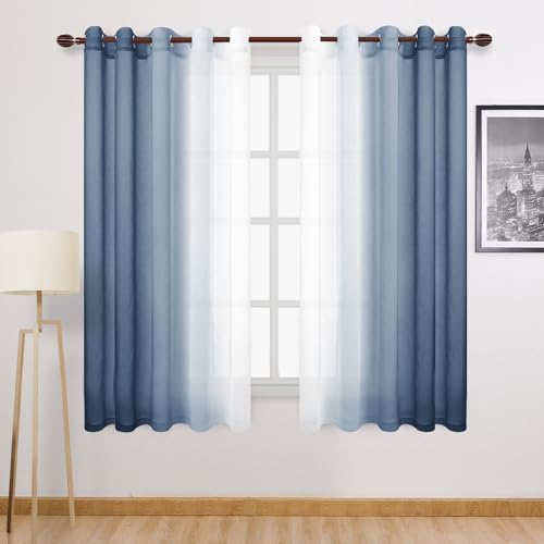 DWCN Blue Ombre Faux Linen Sheer Curtains - Extra Wide Gradient Semi Voile Grommet Top Bedroom and Living Room Curtains, 60 x 63 Inches Long, Set of 2 Window Curtain Panels, Denim Blue