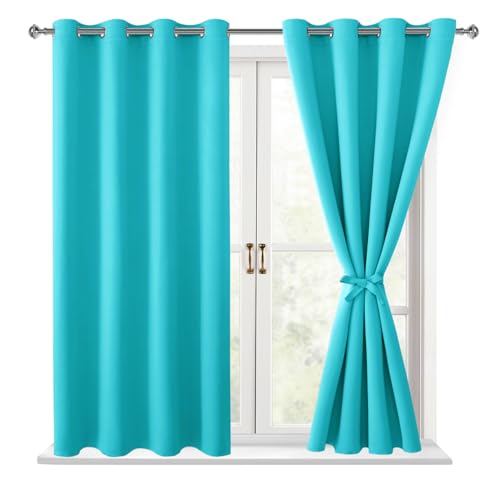 Hiasan Blackout Curtains for Bedroom - Thermal Insulated & Light Blocking Window Curtains for Living Room/Kids Room, 2 Drape Panels Sewn with Tiebacks, Turquoise, 52 x 45 Inch
