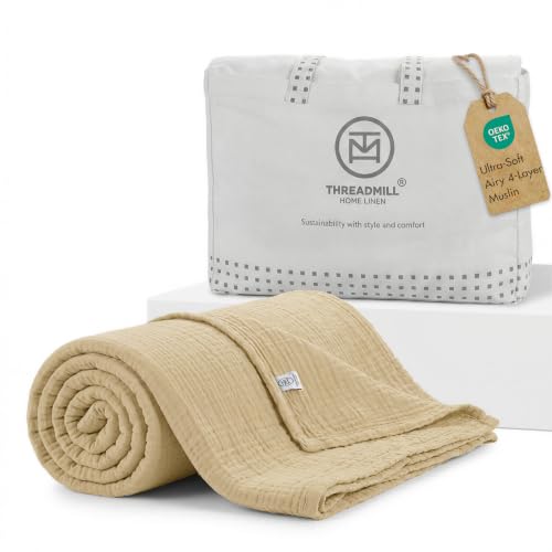 Threadmill Cotton Queen Blanket, Muslin, Beige, Prewashed, Lightweight - 100% Cotton, Muslin Weave, Breathable, All-Season, Lightweight, OEKO-TEX Certified, Machine Washable