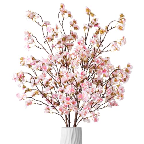 Ammyoo 4 Pcs Artificial Cherry Blossom Flowers Bulk Silk Faux Flowers Real Touch Bouquet for Christmas Halloween Home Wedding Decoration(Light Pink)