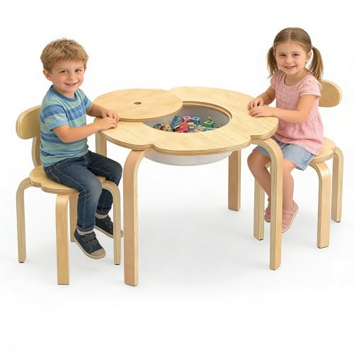 GYMAX Kids Table and Chairs Set, Wooden Children Desk with Fabric Storage Bin, 3 Pcs Toddler Activity Table Set for 3+ Years Old Boys Girls