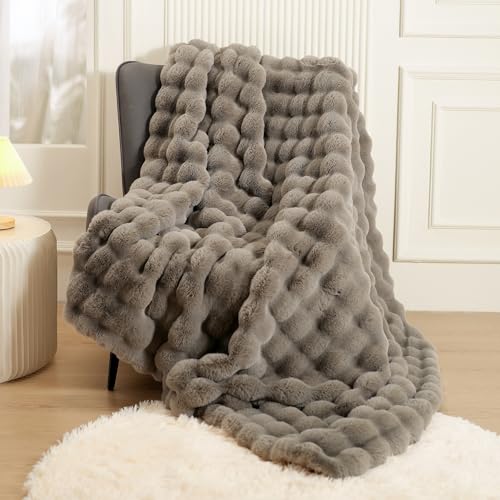 Super Comfort Oversized Warm Thick Bubble Double Sided Plush Rabbit Faux Fur Throw, Soft Cozy Blanket for Couch Chair Bed Sofa Living Room, Grey 60'' x 80''