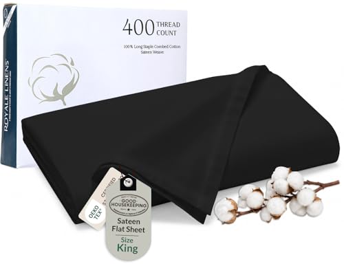 Royale Linen 400 Thread Count 100% American Grown Cotton - Cooling Sheets - Sheets - Luxury Sateen Weave - King Flat Sheet Sold Separately - Black Flat Sheet Only (King, Night Black)