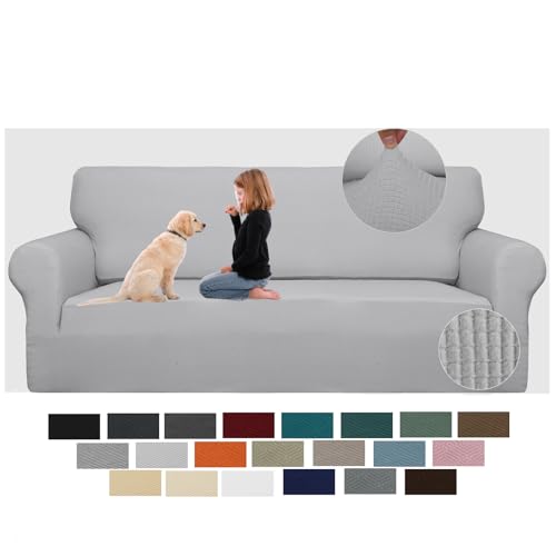 JIVINER High Stretch Couch Covers for 3 Cushion Couch 1-Piece Jacquard Sofa Slipcovers Anti Slip Sofa Cover with Elastic Bottom Furniture Protector for Kids Pets (Sofa, Light Gray and White)