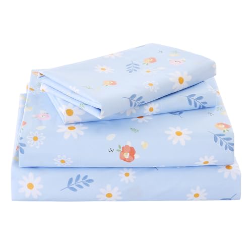 "Yibeizi Blue Floral Sheets King Cute Daisy Flower Pattern Bed Sheet Set Botanical Bedding Sheets & Pillowcases Soft Microfiber 15"" Extra Deep Pocket Fitted Bedsheet 4 Piece"