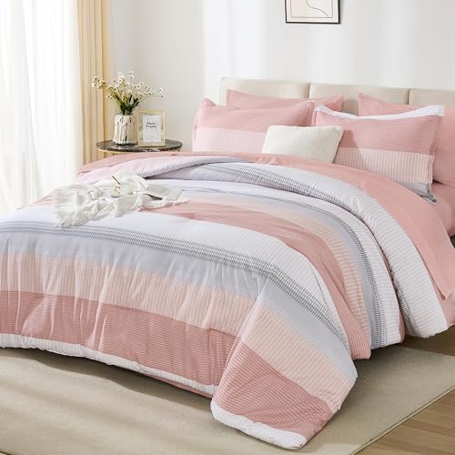 Andency King Size Comforter Set 7 Pieces - Pink Striped Lightweight Bed in a Bag, Fully Microfiber Bedding Breathable All Season Beddding Set with Comforter, Fitted & Flat Sheet, Pillowcases & Shams