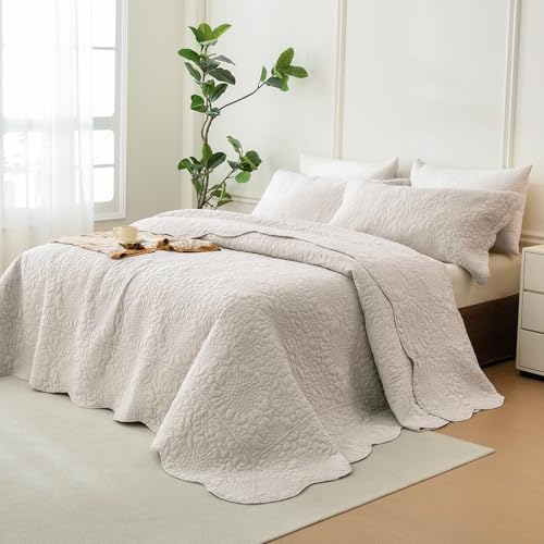 "Sanracie Oversized King Bedspread Sets(128""x120""), Soft Cotton California King Size Quilt, 1 Oversized Farmhouse Bedspread+ 2 Pillow Shams, Lightweight Washed Quilt Bedding Set, Beige Grey, 3PCS"