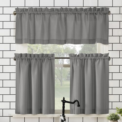 "No. 918 Martine Microfiber Semi-Sheer Rod Pocket Kitchen Curtain Valance and Tiers Set, 54"" x 24"", Gray"