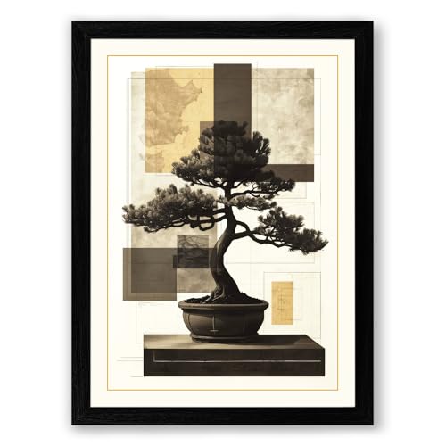 Bonsai in Geometry Japandi Framed Wall Art Print A4 (29.7×21cm) Black, Wall Decor for Living Room, Bedroom, Office & Home, Ready to Hang, Art Gift