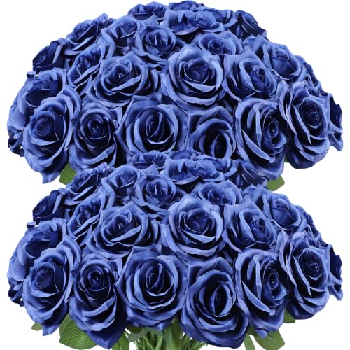 LVEFIT Artificial Rose Flower Navy Blue Flowers Navy Blue Roses Silk Flowers 50 pcs with Long Stem Silk Roses Bouquet for Wedding Bridal Shower Party Home Decoration