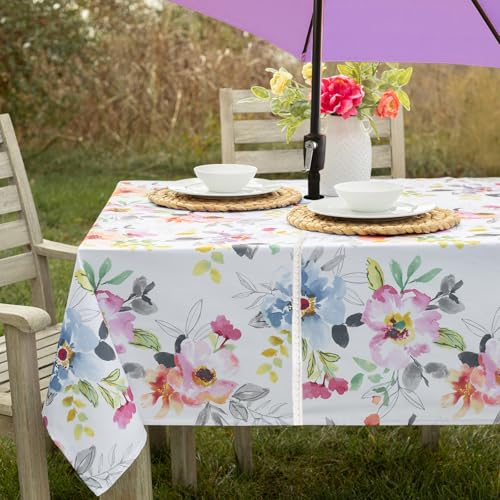 "Benson Mills Spillproof Spring/Summer Fabric Outdoor Tablecloth with Umbrella Hole, Zippered Table Cloth for Rectangle Tables, Picnic/Patio Table (60"" x 84"" Rectangular with Umbrella Hole, Harper)"