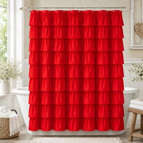WestWeir Red Ruffle Shower Curtain, Cute Girly Bath Curtains, Christmas Theme Bathroom Decor, Luxury Boho Textured, Pretty Vintage Farm Chic, Elegant & Festive Design, Easy Clean, Double Layer, Opaque