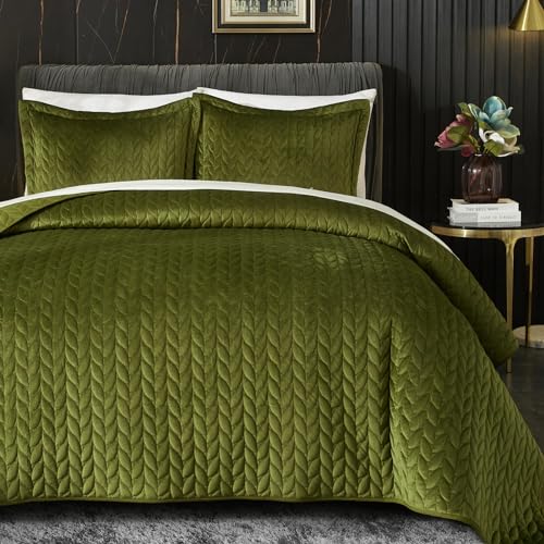 Ivellow Velvet Quilt King Size, Green Lightweight Bedspread Full Soft Reversible Coverlet for All Season 3Pcs Luxury Velvet Comforter with Brushed Microfiber Back Leaf Embroidered Quilted Bedding Set