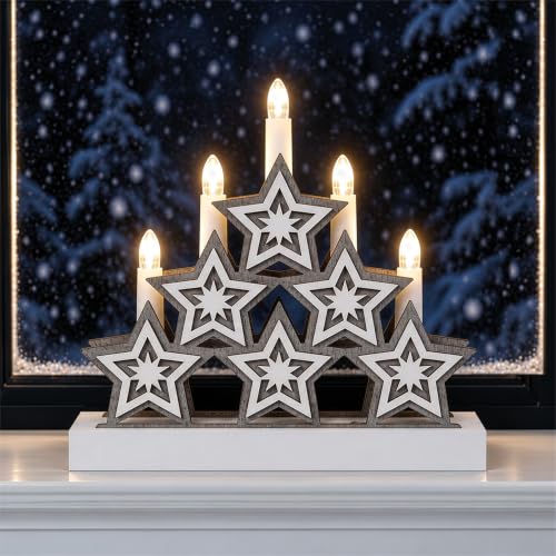 Xmas Haus Natural Festive Wood LED Light Up Christmas 5 Candle Bridge Arch Decoration With Stars Battery Operated]
