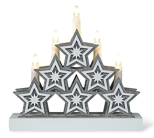 St Helens Home & Garden Xmas Haus Natural Festive Wood LED Light Up Christmas 5 Candle Bridge Arch Decoration With Stars Battery Operated