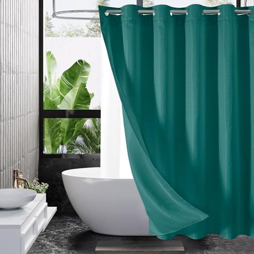 MitoVilla No Hooks Needed Dark Green Waffle Shower Curtain Liner Set, Modern Waffle Weave Fabric Cloth Shower Curtain with Snap-in Liner for Luxury Neutral Hotel Spa Bathroom Decor, 72 x 74