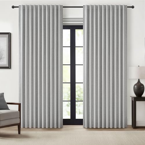 "Blackout Curtains 60 Inches Extra Wide Linen Curtains 84 Inch Length for Living Room, Pleated Farmhouse Bedroom Thermal Drapes for Winter Thick Large Window Energy Efficient(60""W x 84""L 2 Panels Grey)"