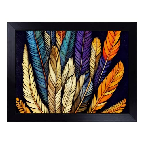 Lap Tray with Bean Bag Cushion, Unreal Bird Feathers - Handmade in the UK, Raised Wooden Edge, Padded Cushion, Heat-Resistant Wipe-Clean Surface, for Meals, Laptops and Crafts