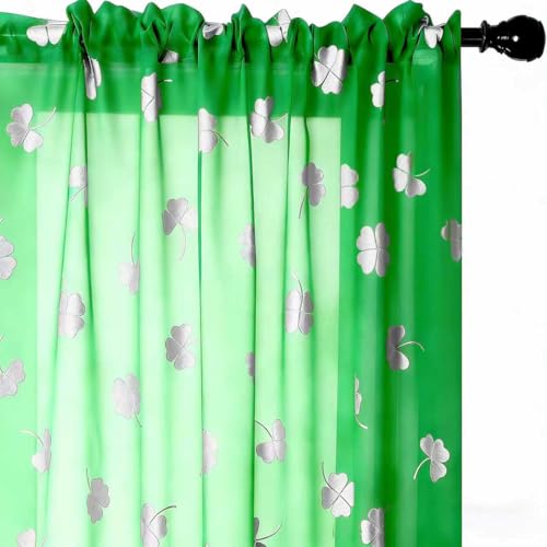 youleyar St. Patrick's Day Sheer Curtains, Clover Silver Foil Print Voile Sheer Curtains 2 Panels, Rod Pocket Window Treatment for Living Room Bedroom Dining Room (Clover,52 W x 96 L)