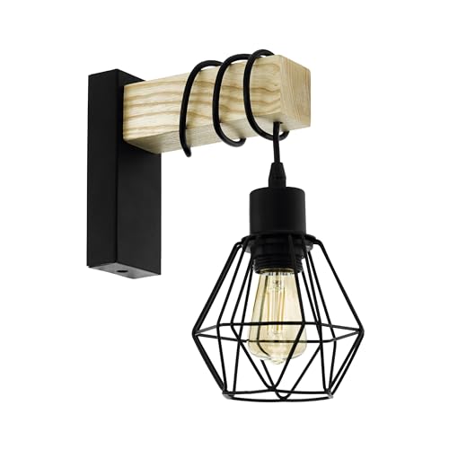 Eglo Wall Light Indoor Townshend 5, Vintage wall lamp for Bedroom and Living Room, Industrial Design wall Lighting Fixture, wall Sconce Made of Black Metal and Natural Wood, FSC, E27 Socket