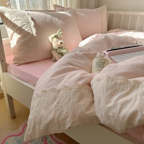 Pink Gingham Duvet Cover Twin XL 3 Pieces Romantic Lace Duvet Cover Pink Plaid Checkered Comforter Cover with 2 Pillowcases Soft Breathable Microfiber Grid Farmhouse Plaid Bedding Set