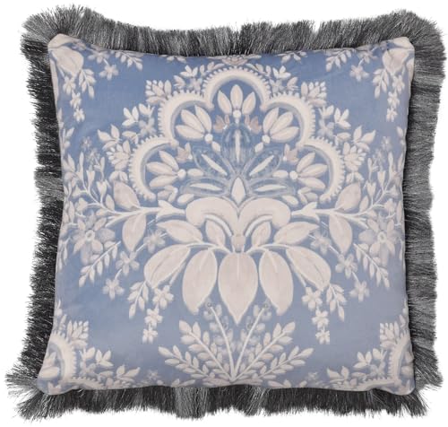 Appletree - Blue Delftware Cushion (43 x 43cm) - Velvet Cushion with Floral - Blue Damask Cushion with Filling Included - Cushion with Tassels - Cushions with Covers Included/Cushion Insert
