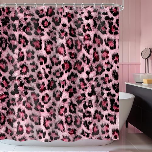 Pink Leopard Print Shower Curtain Set 60x72 Bathroom Decor 60Wx72H Wild Cat - Pattern Powerful Cheetah Cat Panthera Fur Wildlife Panther Brown Bathroom Curtain Set Waterproof Polyester Fabric with Hooks