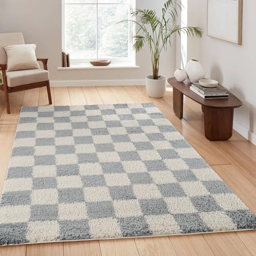 Chester Living Room Shaggy Area Rug Modern - Contemporary Checkered Design 30mm Plush Pile Jute Backing Soft Woven Carpet -Hallway Runner Indoor Rug, Duck Egg Blue, 160x230 cm
