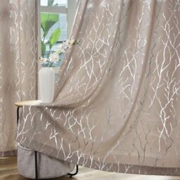 Kotile Taupe Curtains 63 Inch Length, Metallic Silver Foil Tree Branch Curtains for Bedroom, Grommet Privacy Semi-Sheer Curtains 2 Panels, 52 x 63 Inch Each, Taupe Silver
