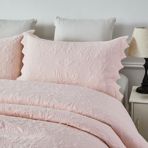 Brandream Quilt Set Cotton Twin Size Light Pink Farmhouse Bedding Matelasse Coverlet Set Oversized Bedspreads Twin XL Scalloped Edge Quilts 2-Piece