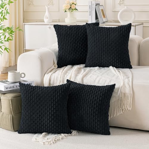 Cozoomy Set of 4 Black Decorative Throw Pillow Covers 24x24 Inch Corduroy Pillow Covers for Bed Couch Sofa Living Room Soft Square Cushion Cases