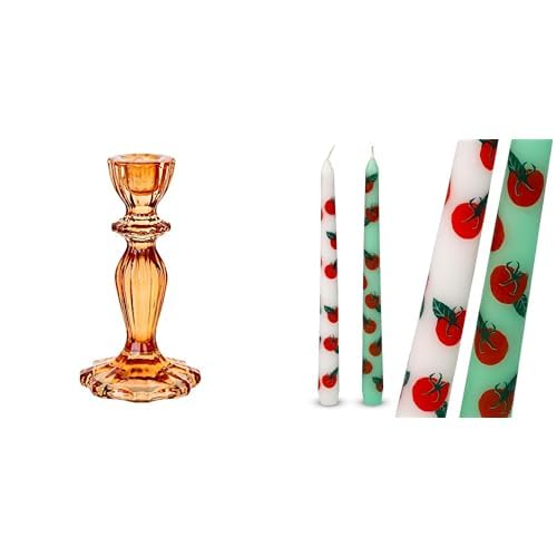 Orange Glass Candlestick Holder & Tomato Design Tapered Dinner Candles Bundle