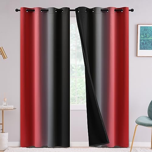 Yakamok 84 Inches 100% Blackout Red and Black Curtains for Bedroom - Room Darkening Ombre Curtain for Living Room Grommet Light Blocking Thermal Insulated Gradient Drapes???2 Panels???52W x84L