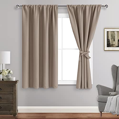 JIUZHEN Blackout Curtains for Bedroom - Thermal Insulated Room Darkening Noise Reducing, 42 x 45 Inch Length Curtains for Living Room, Set of 2 Panels with Tiebacks, Camel