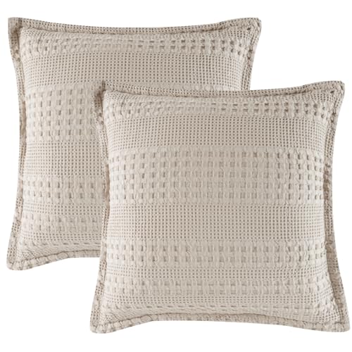"PHF 100% Cotton Ruffle Waffle Weave Euro Sham Covers, 2 Pack 26"" x 26"" Bed Pillow Covers for Elegant Home Decor, No Filling, Luxury Aesthetic Euro Pillow Cases for Bed, Oatmeal"