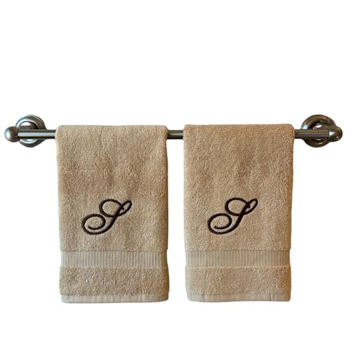 Beige Monogrammed Hand Towels for Bathroom - Luxury Hotel Quality Personalized Initial Embroidered Towel for Powder Room, Spa - GOTS Organic Certified - Set of 2 Brown Letter S