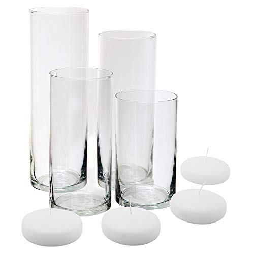 Royal Imports Glass Cylinder Vases - Set Of 4 - Including 4 Floating Disc Candles, Decorative Centerpieces For Home Or Wedding