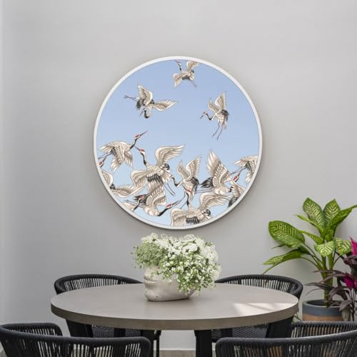 "MirrorOutlet The Typis - White Metal Frame Edged Modern Round Circular Edge Garden Wall Mirror With Colour Stork Printed Decal 31""x31"" (80CM X 80CM) Silver Mirror Glass with White Frame"