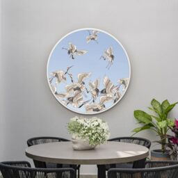 "MirrorOutlet The Typis - White Metal Frame Edged Modern Round Circular Edge Garden Wall Mirror With Colour Stork Printed Decal 31""x31"" (80CM X 80CM) Silver Mirror Glass with White Frame"