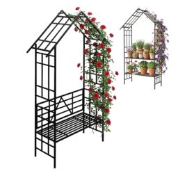 Relaxdays Rose Arch, with bench or planter, front & back garden, trellis arch H x W x D: 247 x 150 x 43 cm, metal, black