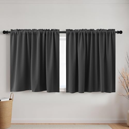 KOUFALL Short Curtains 36 Inch Length, 2 Pack Blackout Room Darkening, Rod Pocket, Dark Gray, 52x36, Kitchen