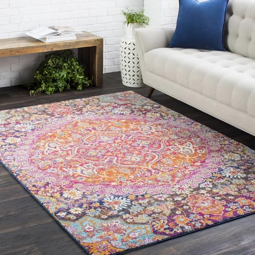Livabliss Bechar Vintage Rug - Area Rugs Living Room 120x170 cm, Dining Floor, Kitchen, Traditional Multicoloured Boho Style, Easy Care Pile, Bohemian Large Rug, Orange, Burgundy, Navy, Purple
