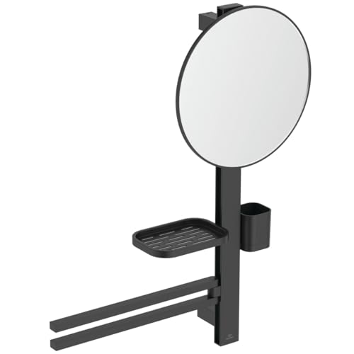 Ideal Standard Alu+ Beauty mirror, Accessory combination M, with Ø 328 mm cosmetic mirror and adjustable shelves, made from 100% recycled aluminum – Matt Black (580x145.5x717 mm)