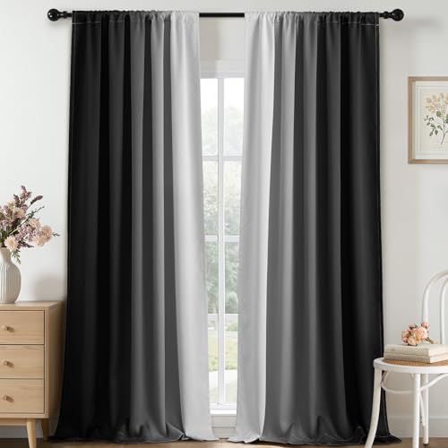 Yakamok 100% Blackout Curtains 95 inches Long, Room Darkening Black and Greyish White Curtains Ombre for Bedroom,Gradient Rod Pocket Window Curtains for Living Room,2 Panels,52x95 inch