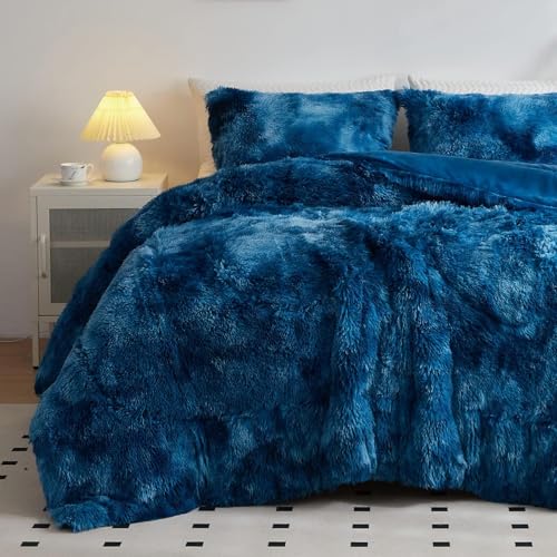 Wajade Faux Fur Plush Blue White Comforter Set Fluffy Fuzzy Shaggy Bedding Set - 3PC King Size Microfiber Soft Warm Quilt Set