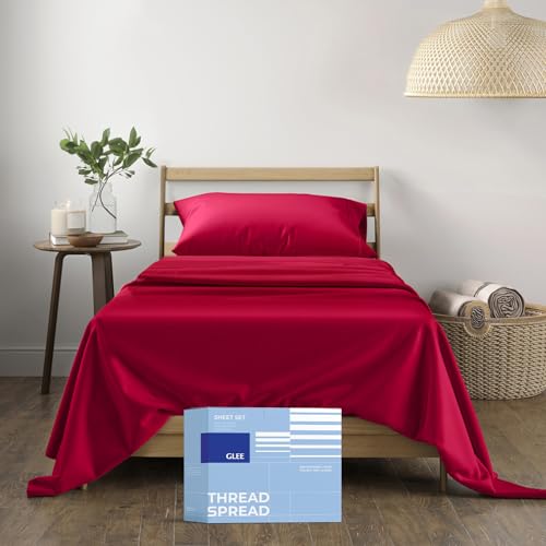 THREAD SPREAD Cotton Twin XL Sheet Set - 3 PCs - Fits College Dorm Rooms - Hotel Style Luxury Sheets - Deep Pockets Easy Fit - 400 TC Sateen Weave Breathable Cooling Bedsheets for Hot Sleepers - Red
