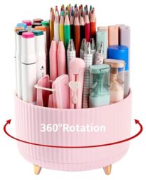 Desk Pencil Pen Holder, 5 Slots 360??Degree Rotating Pencil Pen Organizers for Desk, Desktop Storage Stationery Supplies Organizer, Cute Pencil Cup Pot for Office, School, Home, Art Supply, Pink