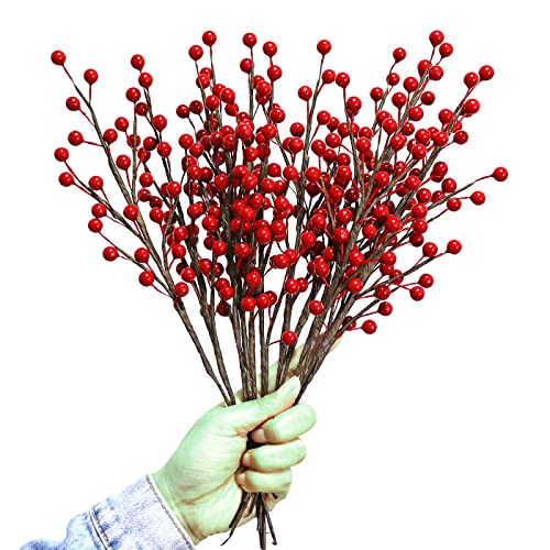 "WsCrofts 12Pcs Red Berries Stems, 13.5"" Waterproof Artificial Burgundy Berry Branches for Home Holiday Wedding DIY Christmas Tree Wreath Decor"
