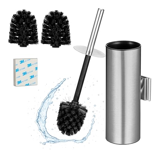 Relaxdays Toilet Brush with Wall Holder, Adhesive or Drill Mount, HWD: 36.5x9x11 cm, Stainless Steel, Plastic, Silver